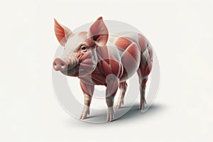 pig anatomy showing body and head, face with muscular system visible isolated on solid white background, ai generative