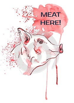 Pig on aquarele spots. Poster farm animals watercolor.