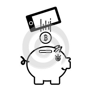 Pig back and bitcoins. Concept of modern earnings and savings. Vector Illustration.Flat design