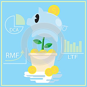 A pig bank and coin for DCA LTF RMF business plan