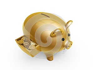 Pig bank with coins in drawer