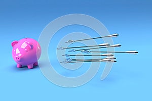 Pig bank pointed by arrows in blue background,3D render