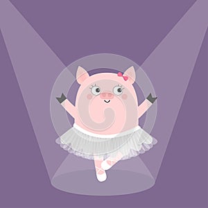 Pig bellerina dancing illuminated by spotlights. Piggy piglet ballet dancer dressed in white skirt. Pointe, tutu dress. Cute carto