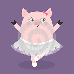 Pig bellerina dancing. Piggy piglet ballet dancer dressed in white skirt. Pointe, tutu dress. Cute cartoon funny baby kids charact
