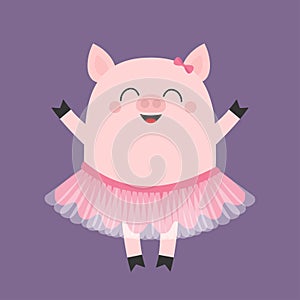 Pig bellerina. Piggy piglet ballet dancer dressed in pink skirt. Tutu dress. Cute cartoon funny baby kids character. Smiling face.