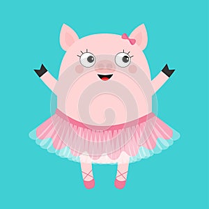 Pig bellerina. Piggy piglet ballet dancer dressed in pink skirt. Tutu dress, pointe. Cute cartoon funny kids baby character. Hog s