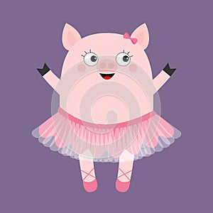 Pig bellerina. Piggy piglet ballet dancer dressed in pink skirt. Tutu dress, pointe. Hog swine sow animal. Cute cartoon funny kids