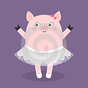 Pig bellerina. Piggy piglet ballet dancer dressed in white skirt. Tutu dress, pointe. Cute cartoon funny baby kids character. Hog