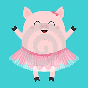 Pig bellerina. Piglet piggy ballet dancer dressed in pink skirt. Cute cartoon funny baby kids character. Tutu dress. Smiling face.