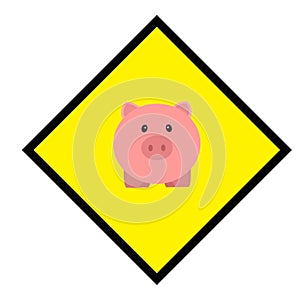 Pig on board sign with a cute pink pig symbol, yellow sticker