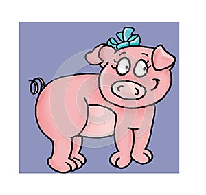 Pig with bow Color illustration humorist button or icon for website photo