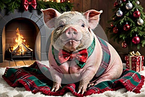 Pig in bow-tie snuggling on holiday blanket. adorable and gentle pet portrait