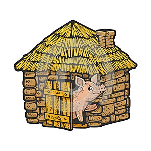 pig in brick house sketch raster illustration