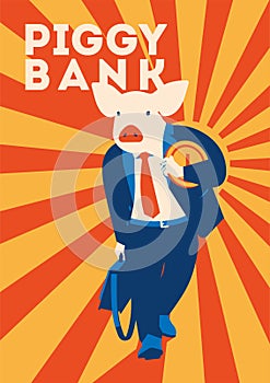 Pig businessman with coin, metaphor piggy bank