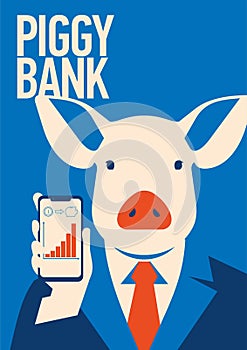 Pig businessman with coin, metaphor piggy bank