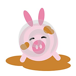 pig cartoon playing in the mud. Vector illustration decorative design