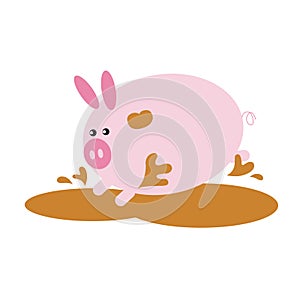 pig cartoon playing in the mud. Vector illustration decorative design
