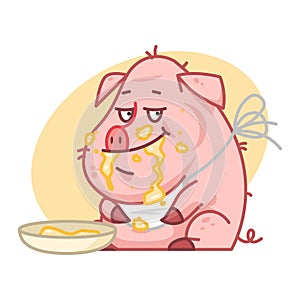 Pig character eating porridge
