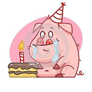 Pig character looks at cake