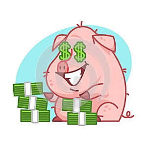 Pig character and lot of money