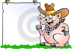 Pig Chef in front of a sign