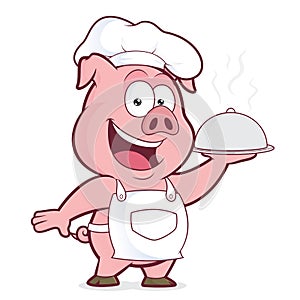 Pig chef holding silver cloche photo