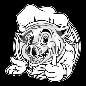 Pig Chef Mascot Black and White Illustration