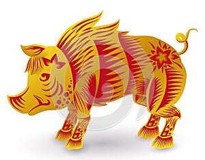 Pig of Chinese Zodiac in golden and red colors, Vector Illustration