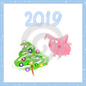 Pig and Christmas tree with balls. Happy new year. Symbol of 2019. Eastern horoscope. Greeting card.