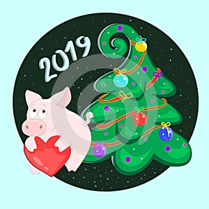 Pig and Christmas tree with balls. Happy new year. Symbol of 2019. Eastern horoscope. Greeting card.