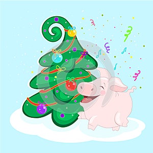 Pig at the Christmas tree. Funny character is happy. Happy new year. Greeting card.