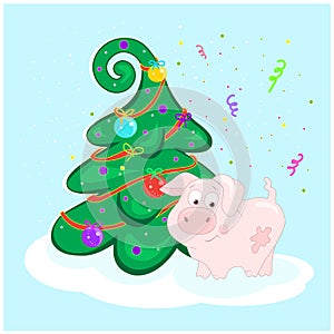Pig at the Christmas tree. Happy new year. Greeting card.
