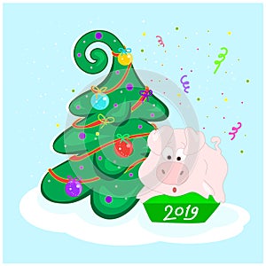 Pig at the Christmas tree. Surprised character sitting on the box. Happy new year. Greeting card.