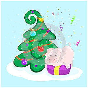 Pig at the Christmas tree. Surprised character sitting on the box. Happy new year. Greeting card.