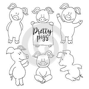 Pig collection set. Set banner happy new year greeting card. Cut