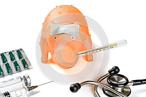 Pig with cooling gel on forehead and mercury thermometer in mouth at 41 degrees centigrade and syringe and vaccine and photo