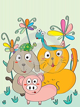 Pig dog cat card cute snake turtle