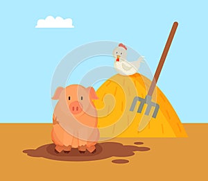 Pig and Domestic Hen on Hay Vector Illustration