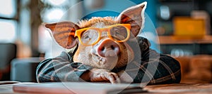 Pig dressed in business attire dining at a table in an elegant restaurant setting