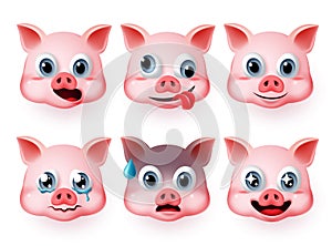 Pig emoticon fat face vector set. Emoji pigs head in cute faces like happy and scared facial expressions.