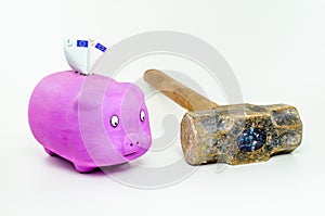 Pig with euro banknotes looking sledgehammer