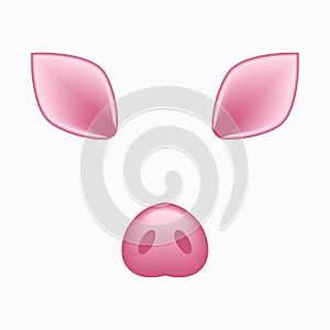 Pig face elements - ears and nose. Selfie photo and video chart filter with cartoon animals mask. Vector.