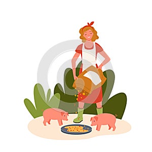 Pig farm livestock concept, farmer agrarian woman feeding cute swine domestic animals