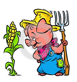 Pig farmer harvest corn cartoon