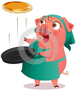Pig female in apron cooks pancakes in pan