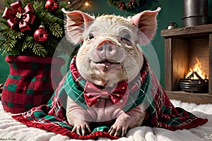 Pig in festive bow-tie on cozy holiday blanket