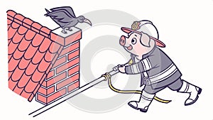 Pig firefighter pulling person from chimney rescue vector design Generative AI photo