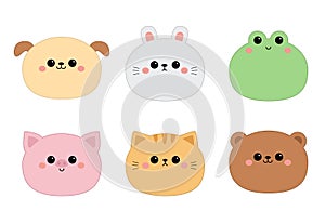 Pig, frog, cat kitten kitty, bear, dog puppy, rabbit bunny hare, face icon set. Cute cartoon kawaii animal character. Funny baby.