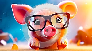 Pig with glasses on its head and blue sky in the background. Generative AI