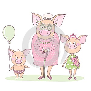 Pig grandmother with hergrandchildren